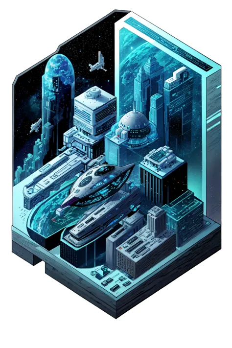 a close up of a futuristic city with a spaceship in the middle