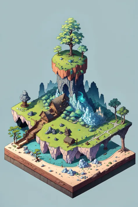 a low polygonal island with a bridge and a waterfall