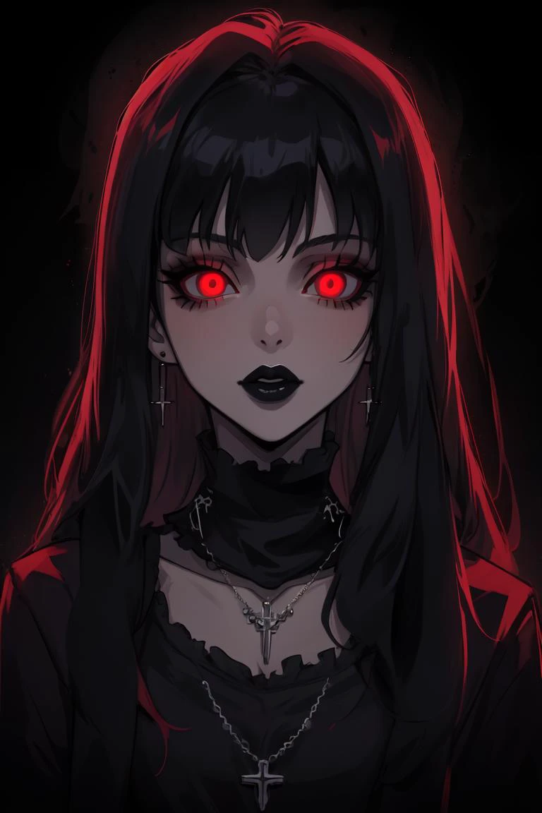 Goth girl 1girl,solo,long hair,looking at viewer,red eyes,jewelry,necklace,makeup,lipstick,black background,portrait,glowing eyes,  