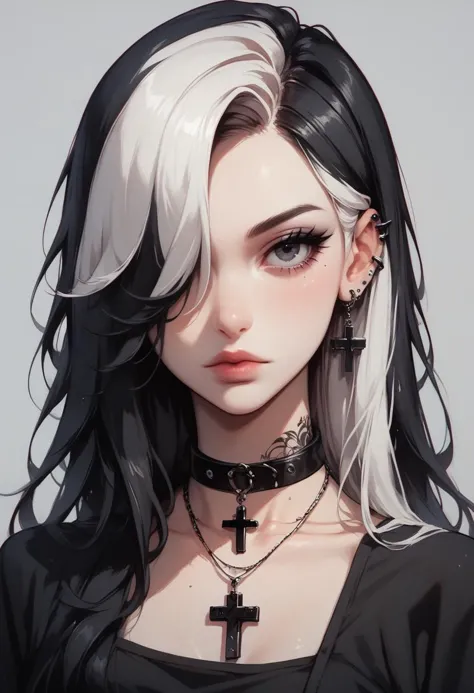 score_9, score_8_up, score_7_up, Goth girl, Goth girl 1girl 1girl,solo,long hair,looking at viewer,simple background,black hair,jewelry,white hair,multicolored hair,choker,black eyes,grey background,necklace,hair over one eye,two-tone hair,cross,portrait,,  