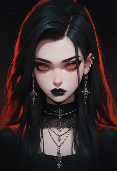 score_9, score_8_up, score_7_up, Goth girl, goth girl 1girl, 1girl,solo,long hair,looking at viewer,red eyes,jewelry,necklace,ma...