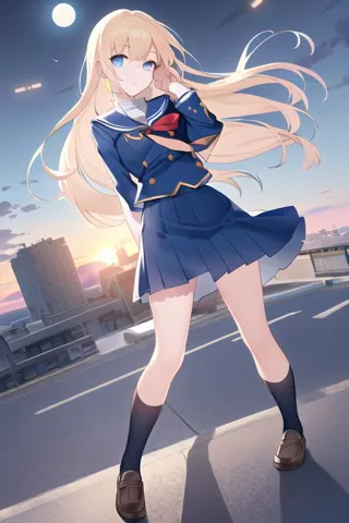 full body,
tareme,
big eyes,
(shining) eyes,
inviting face,
(high detailed school uniform:1.2),
band of light,
(wind:1.4),
anime,
realistic,
high detailed eyes,
perfect anatomy,
(masterpiece,
best quality,
high detailed:1.4),
8k,
cg.
wallpaper,
(blue sunse...