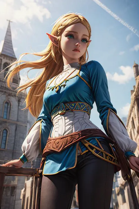 <lora:zelda_botw_outfit_v0.1:1>,
princess zelda,
blonde hair,
green costume,
anime,
realistic,
3d,
(masterpiece,
best quality,
high detailed:1.4),
high detailed eyes,
closed-up,
pov,
from below,
daytime,
dynamic lighting,
wind,
1girl,
tower of top,
shiny h...