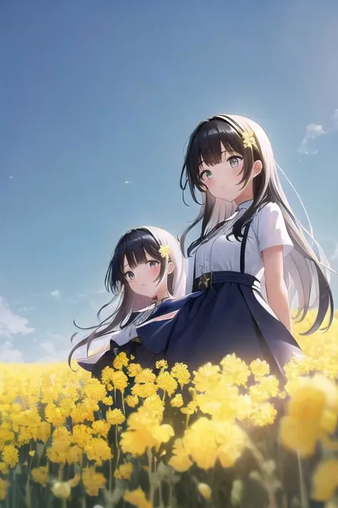 Two girls dressed beautifully under a sunny dark blue sky with few clouds in a field of blooming canola flowers