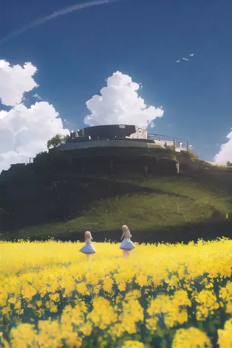 Two girls dressed beautifully under a sunny dark blue sky with few clouds in a field of blooming canola flowers