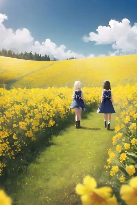 Two girls dressed beautifully under a sunny dark blue sky with few clouds in a field of blooming canola flowers