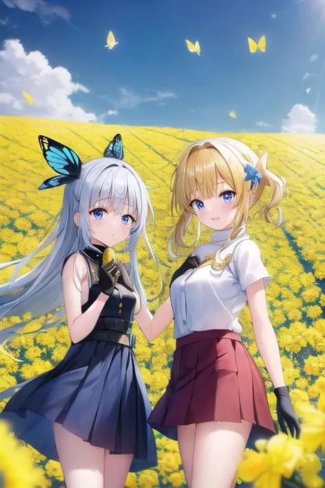 two pretty dressed girls, one red-eyed girl, wearing a skirt, one blue-eyed girl wearing white shorts with gloves, under a sunny dark blue sky with few clouds in a field of canola flowers blooming with the season (many Yellow butterflies) fly in the cold, windy weather