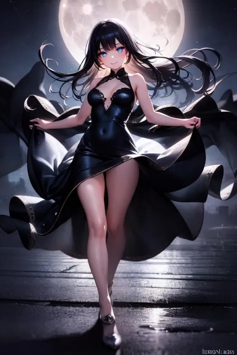 realistic,
perfect anatomy,
best quality,
high detailed,
high detailed eyes,
(shining) eyes,
1girl,
solo,
full body,
arms front,
looking at viewer,
smile,
dress,
band of light,
wind,
moon,
night time,
neonsign