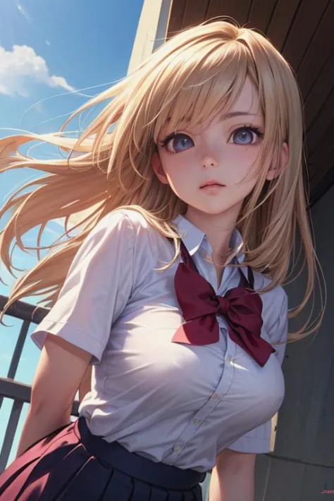 (masterpiece,
best quality,
high detailed:1.4),
high detailed eyes,
closed-up,
pov,
from below,
(daytime:1.2),
dynamic lighting,
wind,
realistic,
anime,
1girl,
balcony,
school uniform,
skirt,
arms forward,
shiny long hair,
breasts,
<lora:flat2:-1>