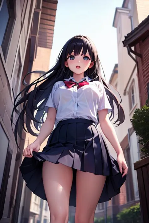 (masterpiece,
best quality,
high detailed:1.4),
realistic,
(daytime:1.2),
wind,
pov,
from below,
:),
1girl,
school uniform,
skirt,
shiny long hair,
breasts,
balcony
