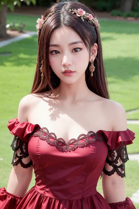 upper body shot of yeji, 1girl, looking at viewer, upper body, 3D, realistic, large breasts, excessively frilled princess dress,...