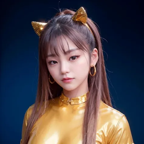 Photo of Yeji Itzy, wearing a golden shiny latex catsuit with tight high collar, latex sleeves <lora:Yeji Itzy:0.7>,