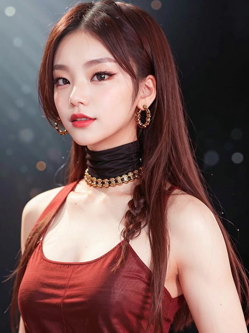 portrait of yeji,  black turtleneck top, golden chain, smiling, red lips, slender body, 