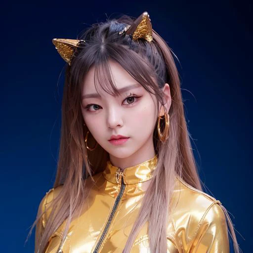 Foto de Yeji Itzy, vestindo um macacão de látex dourado brilhante com gola alta justa, mangas de látex 