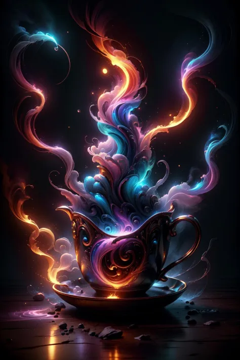 a magical cup of wizard's tea, in a wizard's kitchen, extremely detailed, vivid colors, glowing, fire, smoke, high quality, best...
