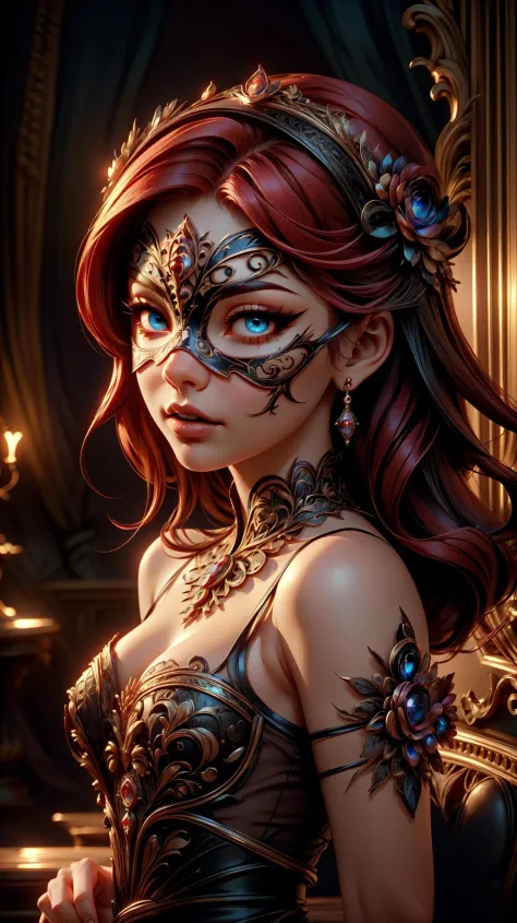 A beautiful woman at a masquerade ball, red hair, baroque theme, european, perfect eyes, (masqueurade:1.4), eye mask, extremely ...