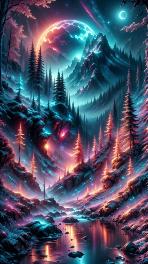 A beautiful night mountainside forest landscape photo, mysterious glowing colors, extremely detailed, bright moonlight, vivid co...
