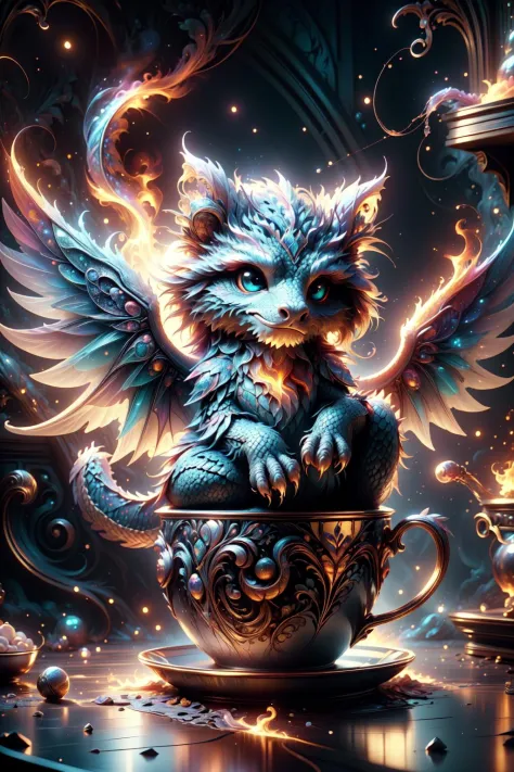 an adorable [kitty cat: dragon: 0.7] with wings, fire, in a cup of tea, in a magical wizard's kitchen, extremely detailed, vivid...