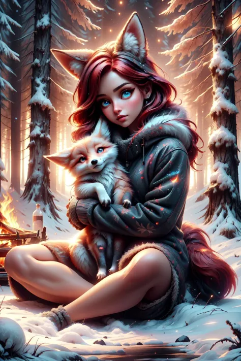 a beautiful girl with a cute pet fox, red hair, european, in a winter forest, warm fur clothes, (perffect eyes), fully clothed, ...