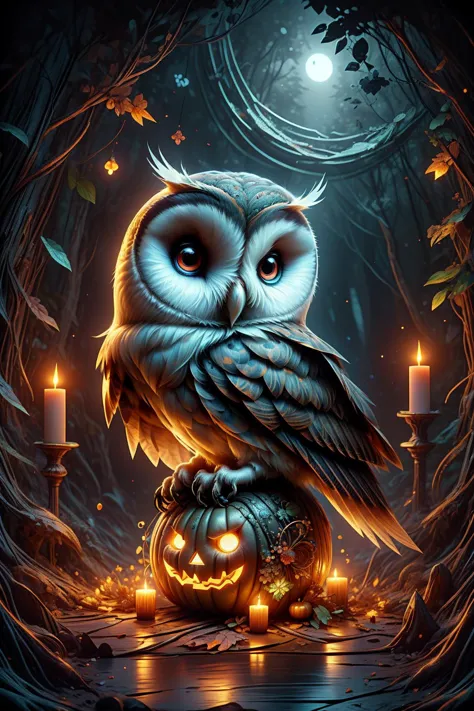 a barn owl sitting on a jack o lantern, in an autumn forest, dark atmosphere, symmetrical, ((mc escher style)), hp lovecraft, ee...