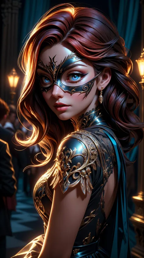 A beautiful woman at a masquerade ball, red hair, baroque theme, european, perfect eyes, (masqueurade:1.4), extremely detailed, vivid colors, sharp focus, dramatic, award winning, high contrast, cinematic lighting, (masterpiece), (extremely intricate:1.3),