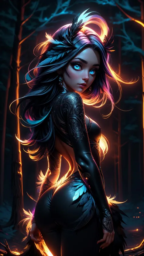 Portrait of an incredibly beautiful girl, a sexy fantasy raven goddess, very long hair, wearing shiny cloth and black (feathers:...