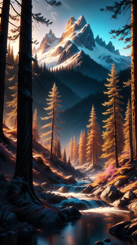 A beautiful enchanted daytime mountainside forest landscape photo, mysterious glowing colors, extremely detailed, vivid colors, ...