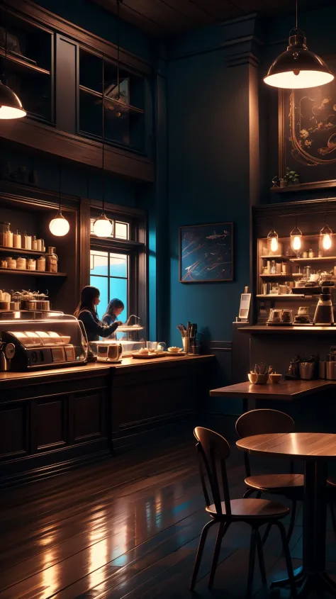 inside of a warmly lit coffee shop, masterpiece, 8k, award winning, high quality, best quality, cinematic, intense lighting, viv...