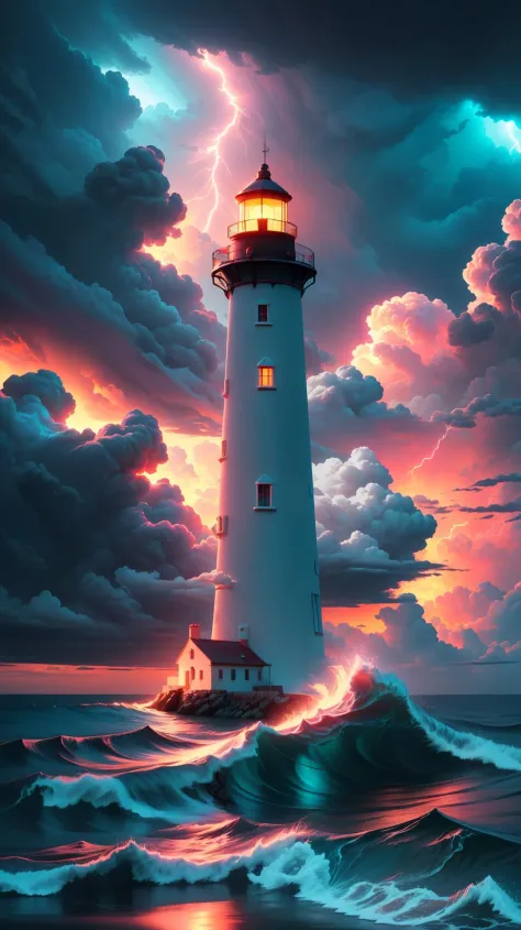 un phare surplombant une mer agitée, enchanté, extrêmement détaillé, (((foudre))), Couleurs vives, Coloré,  néon, Haute qualité, Meilleure qualité,  primé, Contraste élevé, Éclairage cinématographique, (chef-d&#39;œuvre), épique