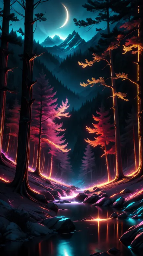 A beautiful enchanted night mountainside forest landscape photo, mysterious glowing colors, extremely detailed, vivid colors, hi...