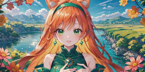 solo, character focus, straight-on,masterpiece, 4k, best quality, highly detailed, fox ears,green hairband, green cloth necklace, (orange hair:1.3),mature female, adult eyes, green eyes, green gemstone pendant, green hairband, bare shoulders, halter summer dress, beautiful plains of flowers, mountains in background, river in background, clouds, upper body, (cute lips:1.2), glossy lips, shinny lips, pink lips,  <lora:CosmicEyes:0.6> CosmiEyes, beautiful smile, happy,  <lora:Grand Scale:0.4> grandscale,landscape,scenery, hands out of frame, looking at viewer,  <lora:Add Detail:0.3>,  <lora:Add colours:0.2>, (squinting eyes:1.2)