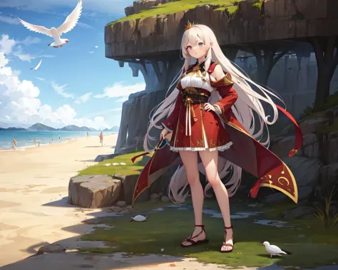 a woman in a red dress standing on a beach next to a bird