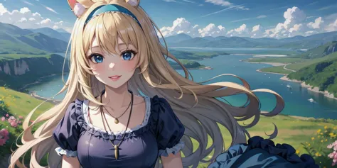 anime girl with long blonde hair and blue dress standing in front of a lake