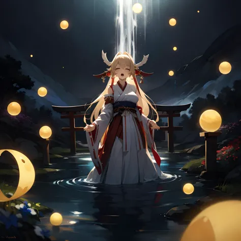 hires,high resolution, intricate, (detailed background),detailed face, large breasts, blonde hair, close eyes, open mouth, singing, masterpiece, best quality, <lora:Grand Scale:0.8>,miko outfit, grandscale, waterfall, fields of flowers, fireflies,  magic, aqua colored water, glowing water, magical orbs, night, dark,  <lora:LowRA:0.4> dark theme, torii gate, shire maiden, (exorcism:1.2), from above, wooden wand, (gohei:1.3), ofuda, standing, extended hand,