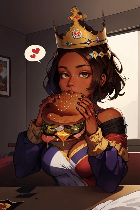 (masterpiece, best quality, absurdres, 4k, aesthetic, detailed, intricate, perfect lighting),pov across table,close-up, two-handed burger,1girl,spoken heart,eating,holding a huge burger with both hands,wide-eyed,epfetimera,dark-skinned female, hair ornament, <lora:EPefTimera:0.7> <lora:borger-nvwls-v4:0.8> <lora:attire_burgerkingcrown:1> bkcrown