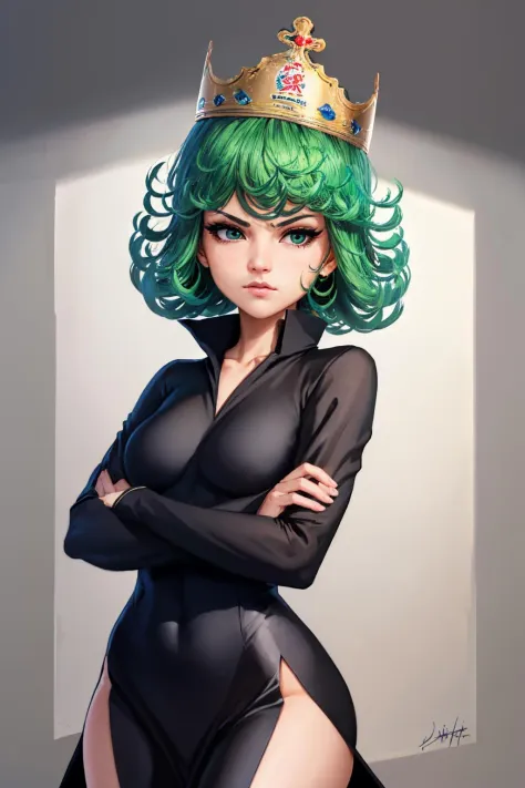 (masterpiece, best quality:1.2), solo, 1girl, tatsumaki, serious, looking at viewer, crossed arms, bkcrown, crown, black dress <...