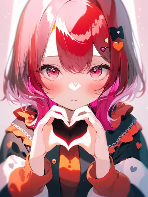 1girl,heart shaped hands,cute, ruby, split-color hair, <lora:AwyHandHeartXL:0.5>,