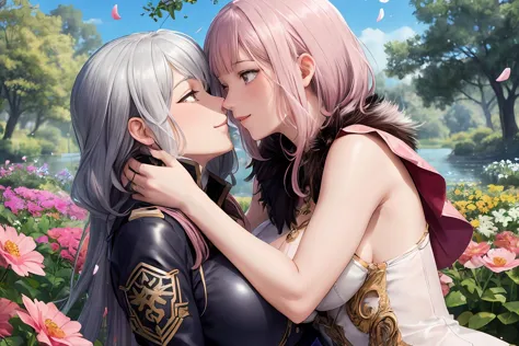 anime couple kissing in a garden of flowers