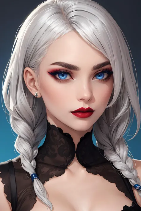 1woman, portrait, (cara delevingne:0.8), silver hair, one braid, red lipstick, blue eyes