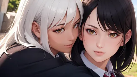 best quality, masterpiece, realistic, photorealism, photo, hdr, detailed, intricate, beautiful scenery, wonderful backround, (perfect face:1.3),
school, school uniform, ((1girl, black hair, tan)) and ((1girl, white hair)), happy, hug, looking at another,