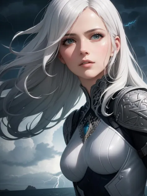 masterpiece, best quality, (realistic), (perfect face), intricate, beautiful scenery, cinematic lighting, fantasy, 1woman, white hair, storm, wind, lightning,