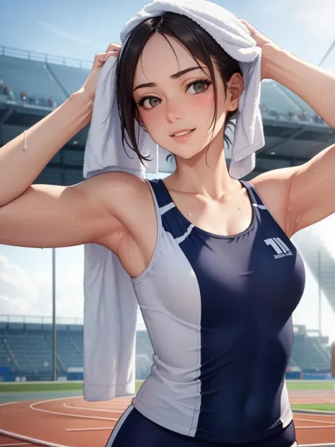 masterpiece, best quality, perfect face, intricate, beautiful scenery, sharp focus, cinematic lighting, track and field, 1girl, ((track uniform, wipe the head with a towel)), sweat, short hair, light smile, looking at viewer, upper body,