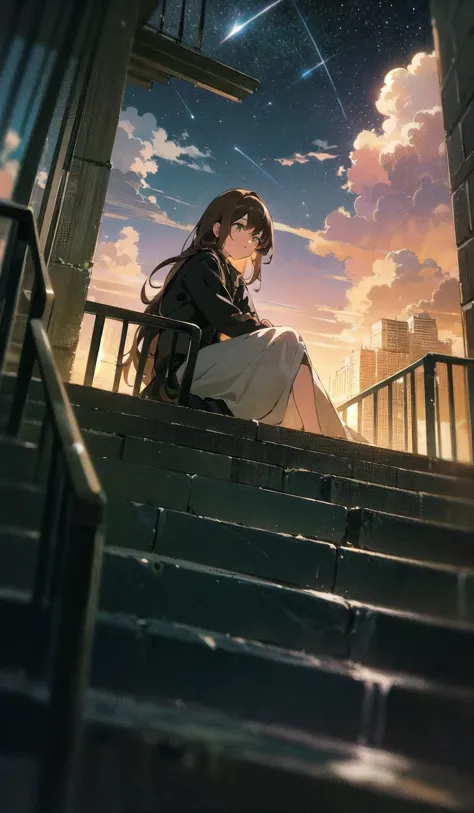 a woman sitting on a stair in front of a building