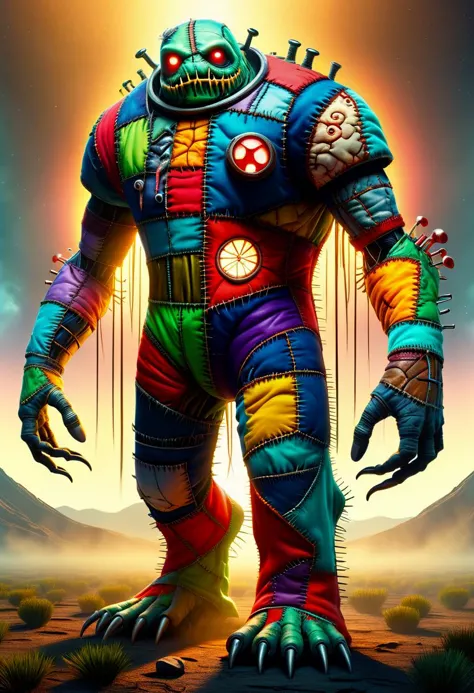 a painting of a giant alien with a colorful suit on