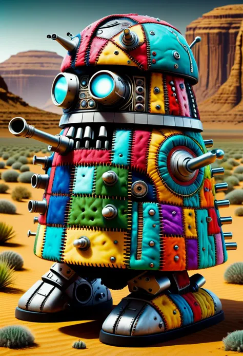 a close up of a robot in a desert with a desert background