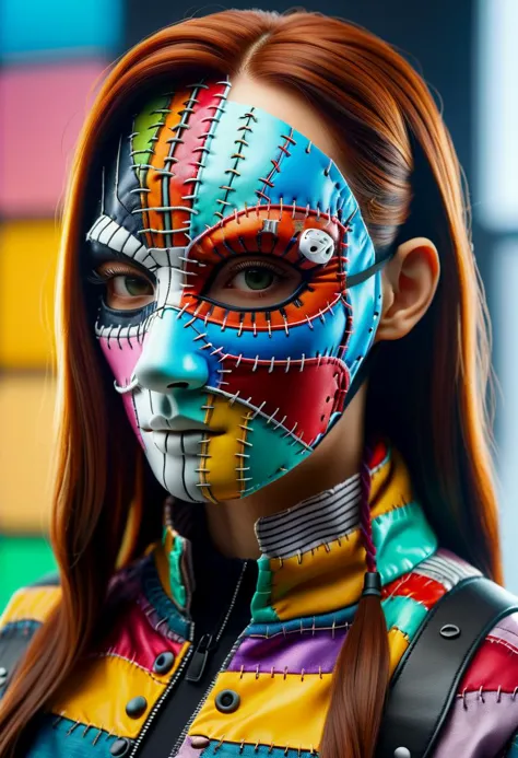 a woman with a colorful face paint and a colorful jacket