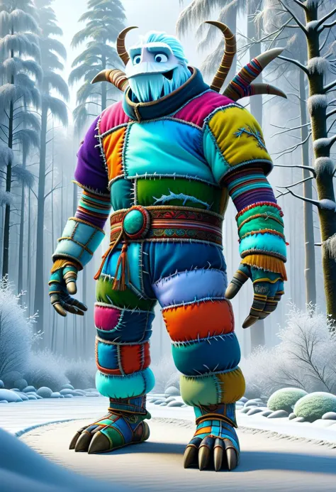 a close up of a person in a colorful outfit standing in the snow