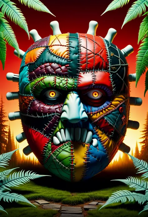 a painting of a colorful mask with multiple spikes and a face