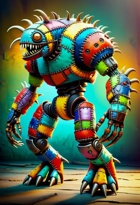 a colorful robot with a large mouth and large legs