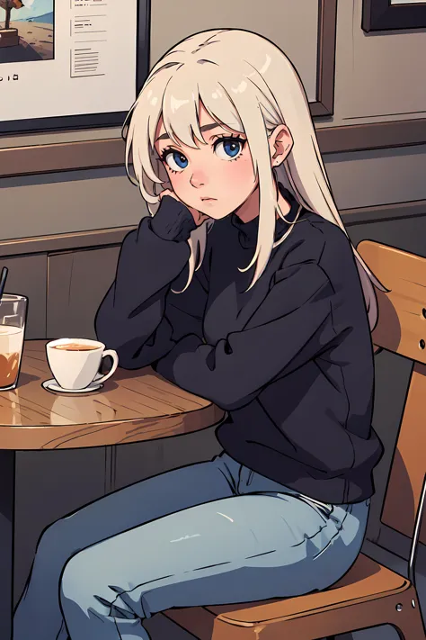 anime girl sitting at a table with a cup of coffee